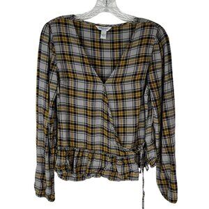Arizona Jeans Wrap Shirt Top Womens Small‎ Plaid Grey Yellow Blue New